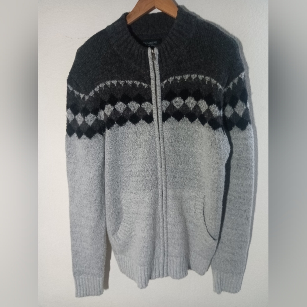 Heritage 1981 Mens Knit Zip Up Cable Wool Blend Sweater Beige/Black/Gray Size M